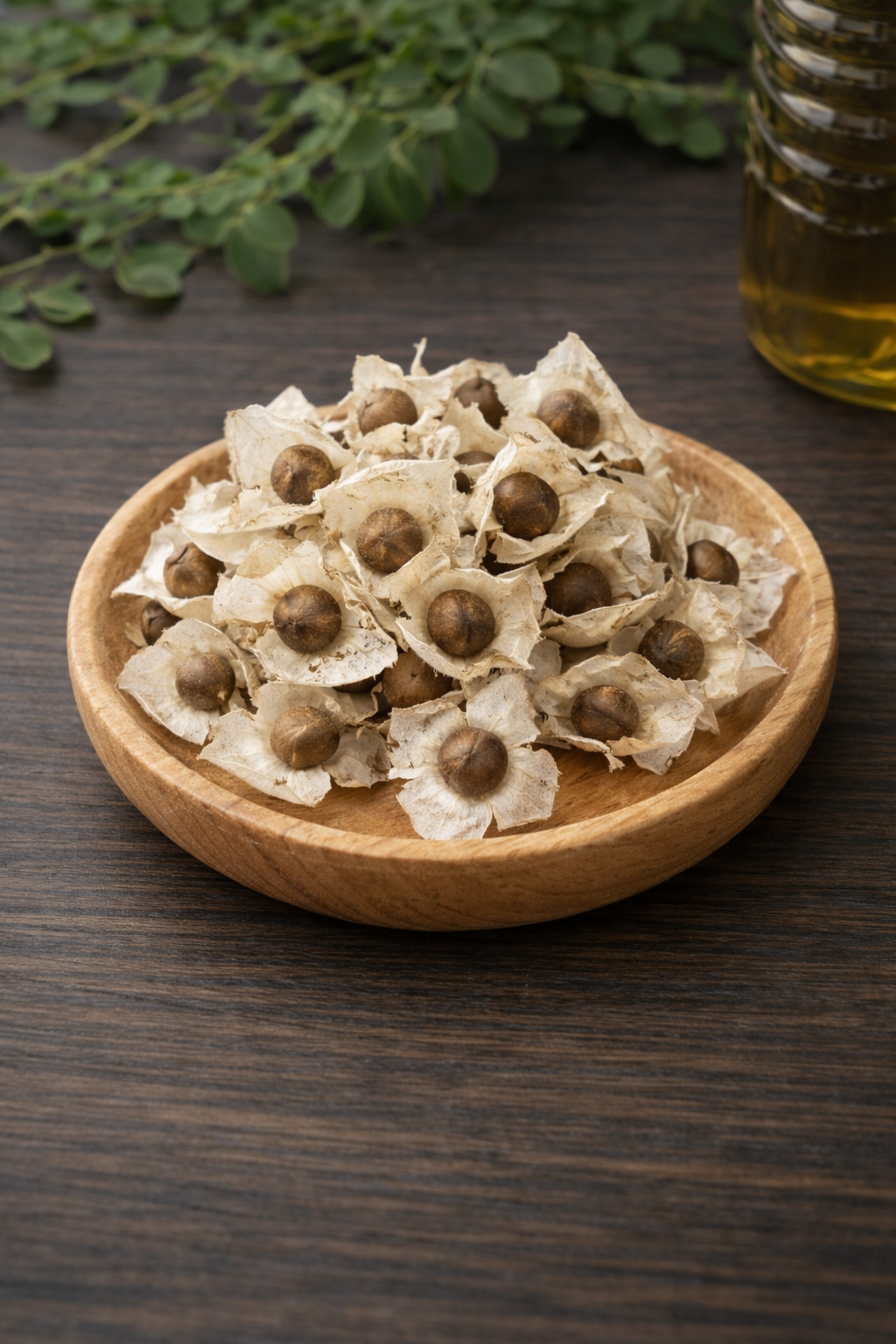 Moringa seeds with pale shells and layered organic texture