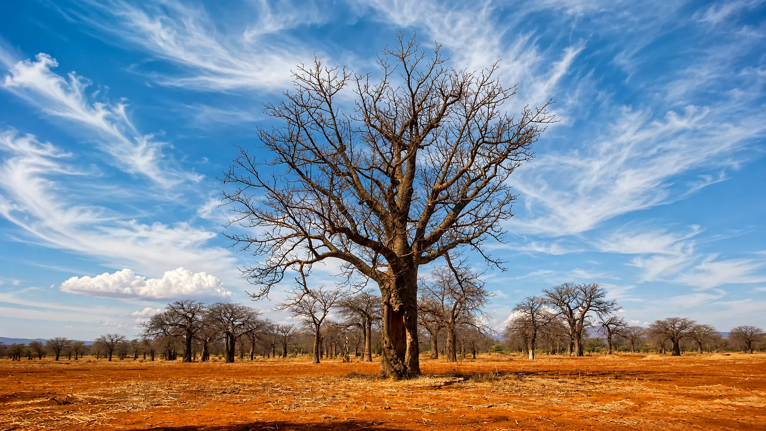 A mature baobab tree standing in the Tanzanian savannah